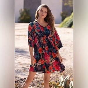 Johnny Was Women’s Gia Floral Mini Dress Multi-colored Silk Tiered Boho Mini